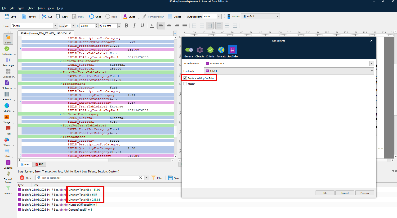 The Replace existing JobInfo checkbox is selected.